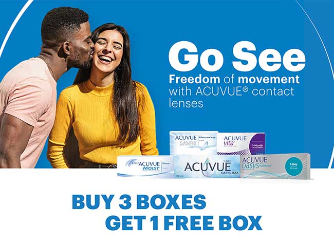 From Nov 1st until Dec 31st, 2024, get 1 Box Free when you buy 3 Boxes of participating Acuvue products. Visit store for details.